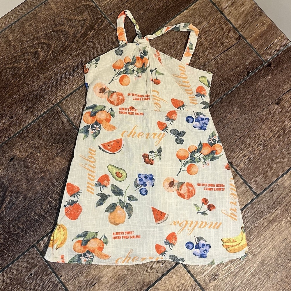 Art Class Dress Girls Youth 6/7 Khaki Printed Fruit Sleeveless Halter Slip Lined